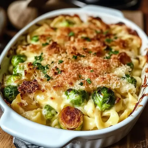 Spätzle casserole with Brussels sprouts and smoked pork