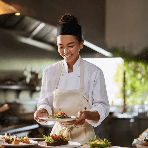 Ein Porträt von Sabrina Weber, Gründerin von Sabrina's Rezepte, lächelnd in einer Küche.