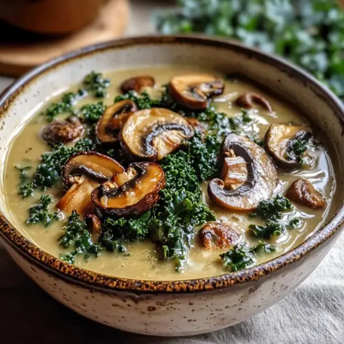 Wilde Pilz karamellisierte Zwiebel und Grünkohl Suppe